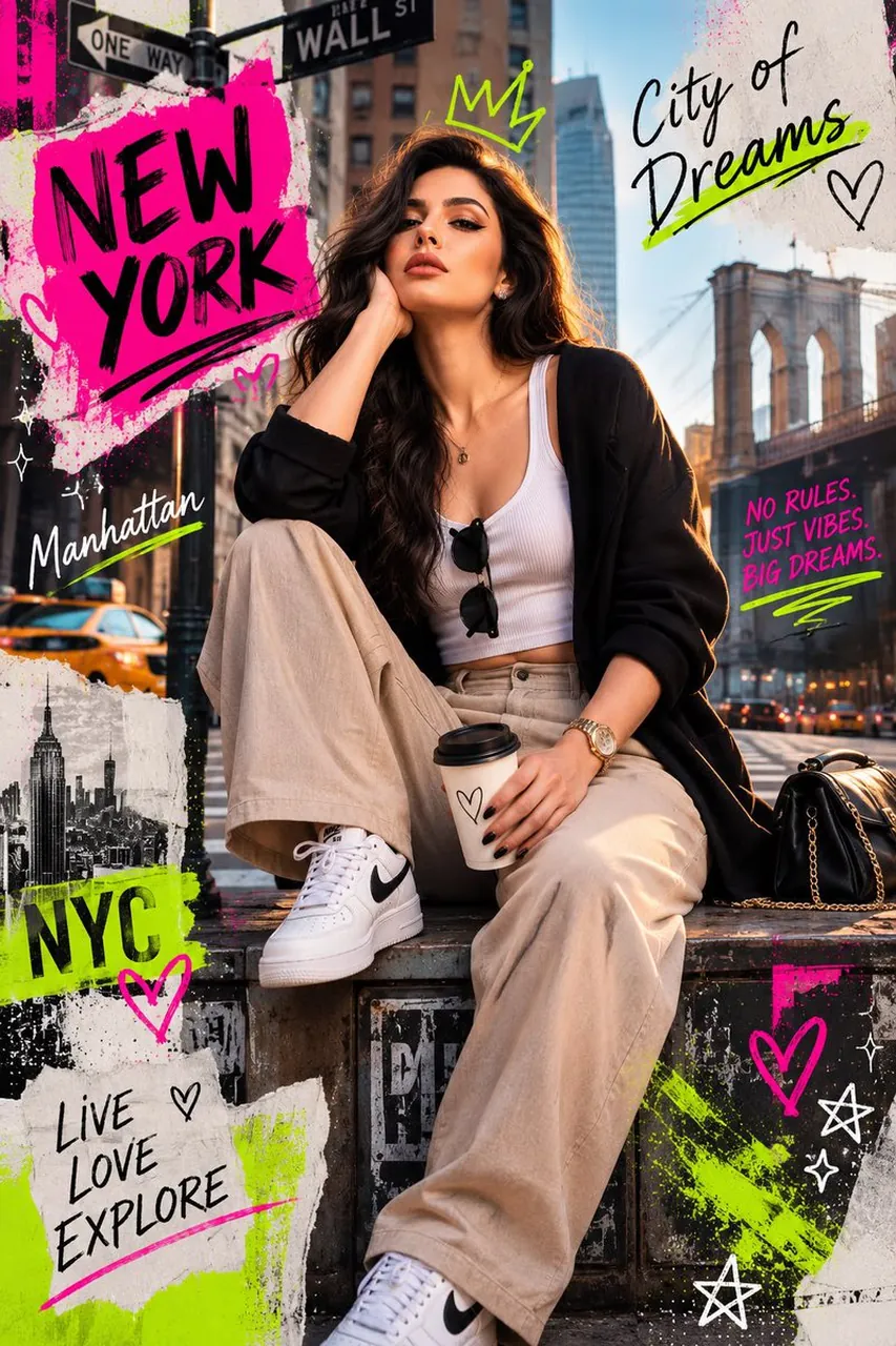 Photorealistic mixed media fashion collage of a cool young woman