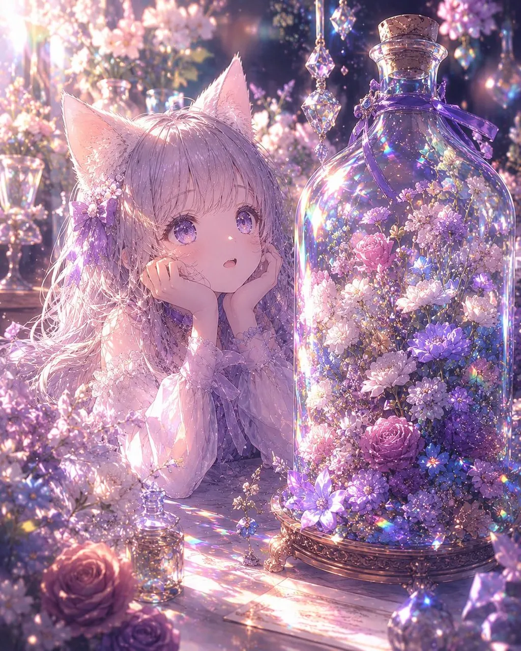 Fantasy Cat-Ear Character with Rainbow Wine Bottle