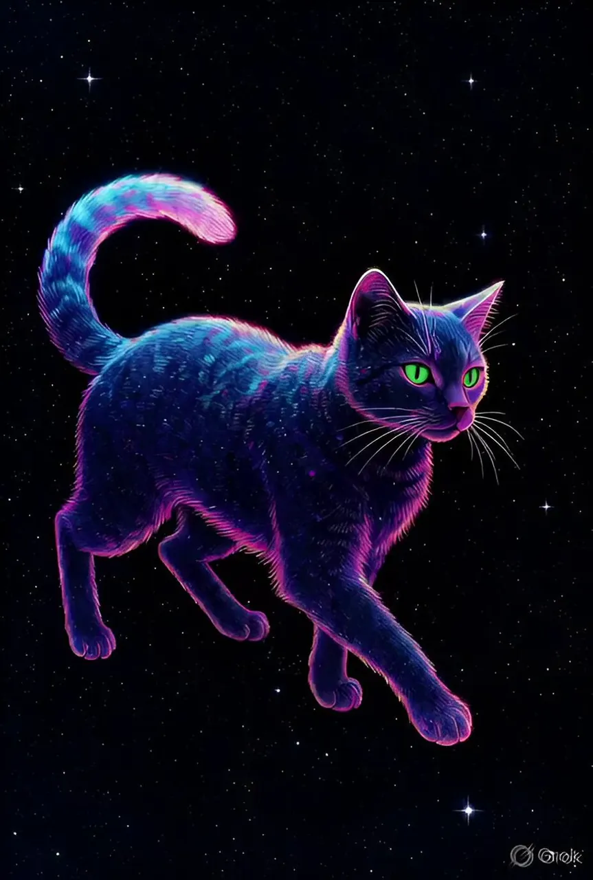 Neon Cat Starry Night Illustration