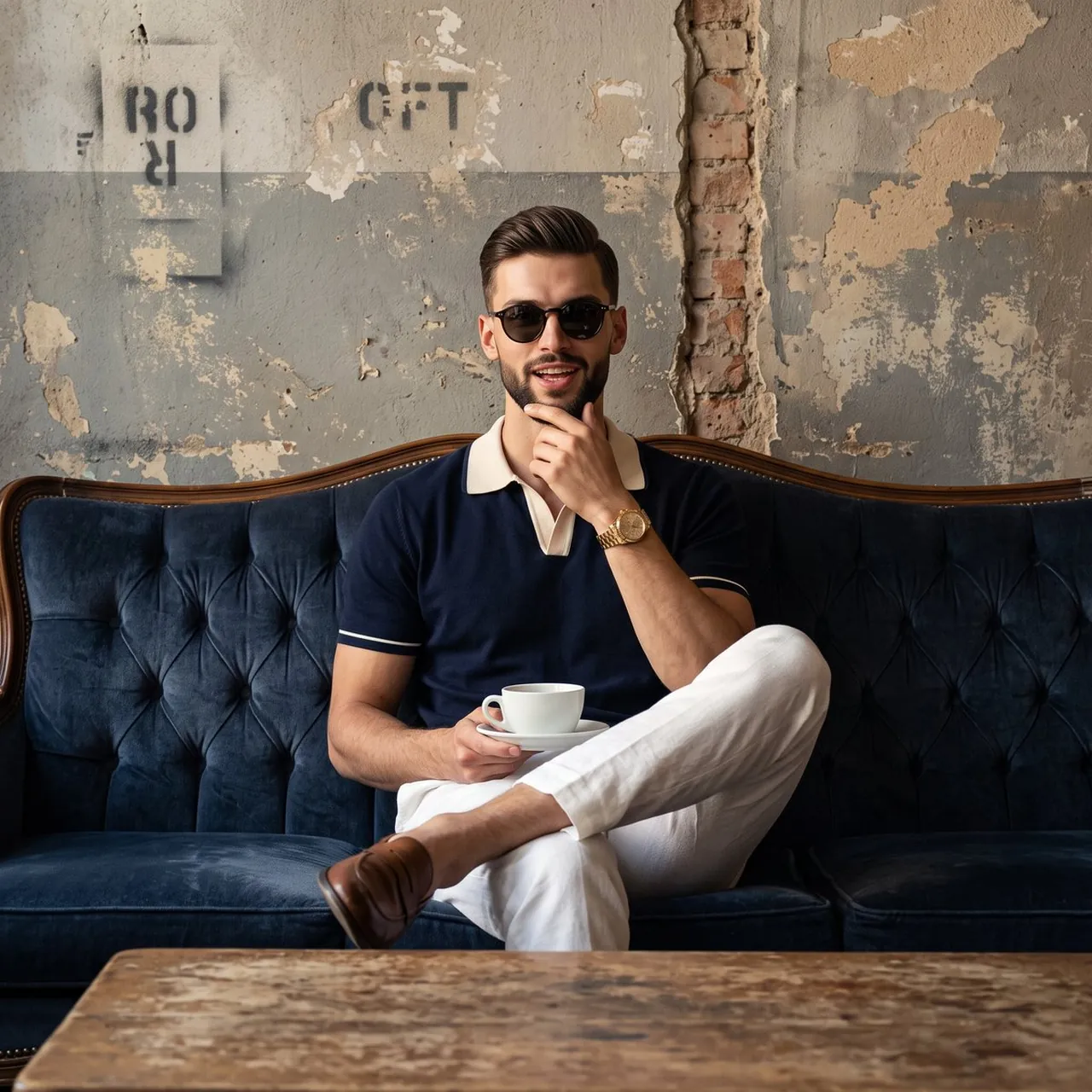 A medium shot editorial lifestyle portrait of a confident adult