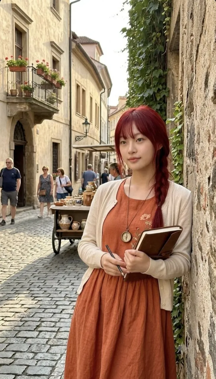 Red-haired traveler in Europe.