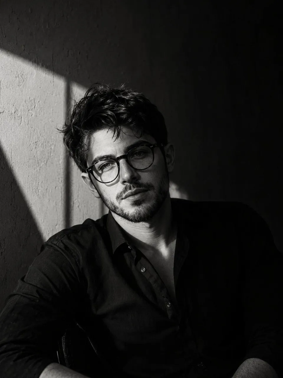 Ultra-realistic cinematic black-and-white portrait of a handsome