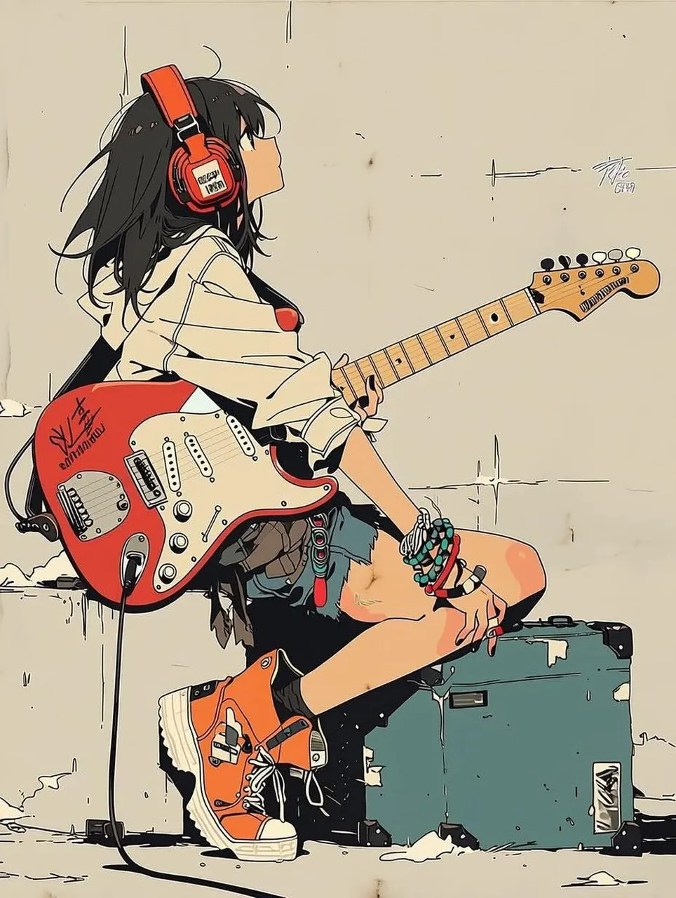 Minimalist anime illustration of a stylish teenage girl sitting on