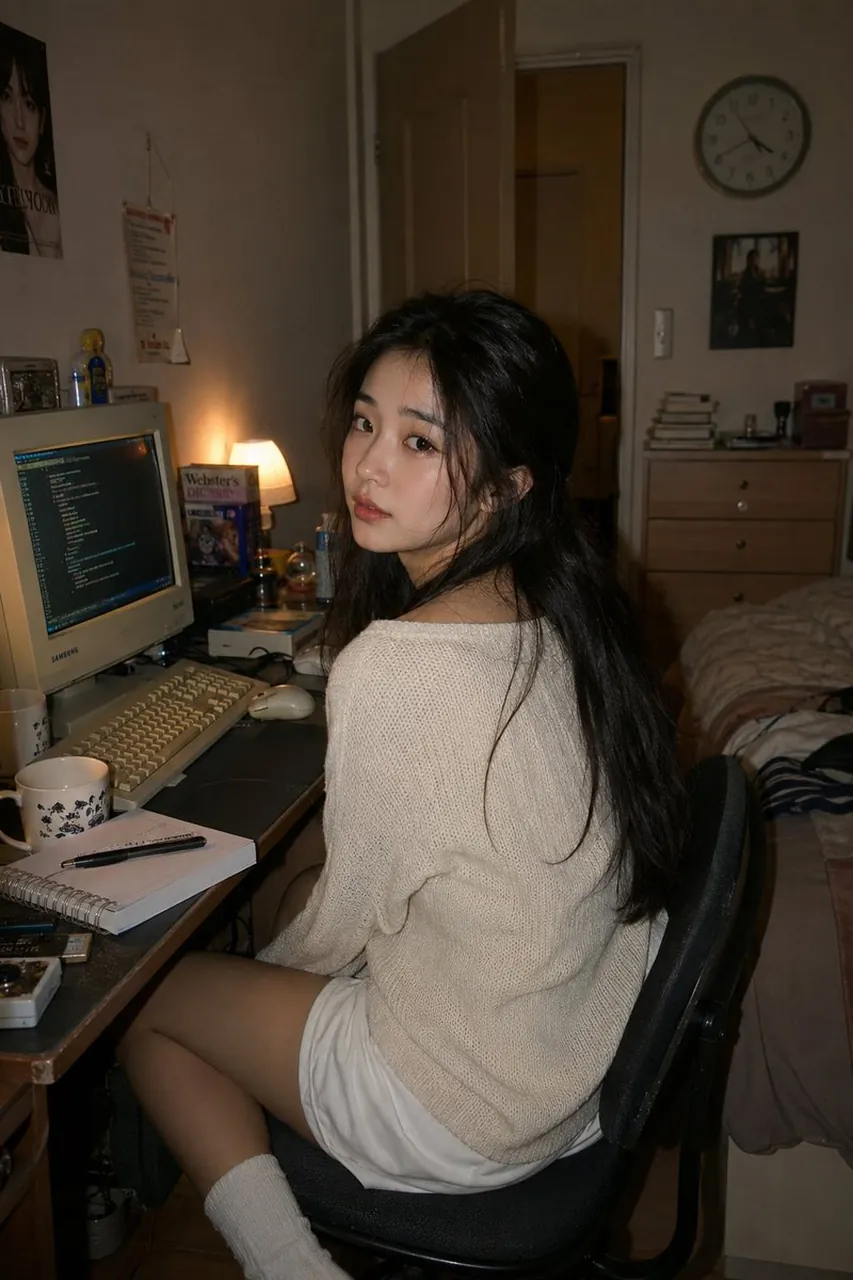 Y2K coding room portrait of East Asian woman