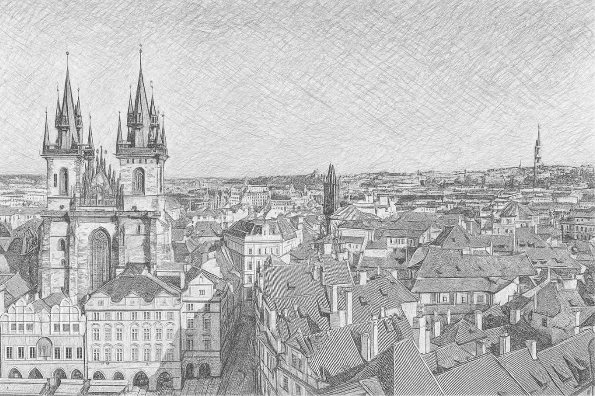 AI cityscape sketch of European cathedral and buildings