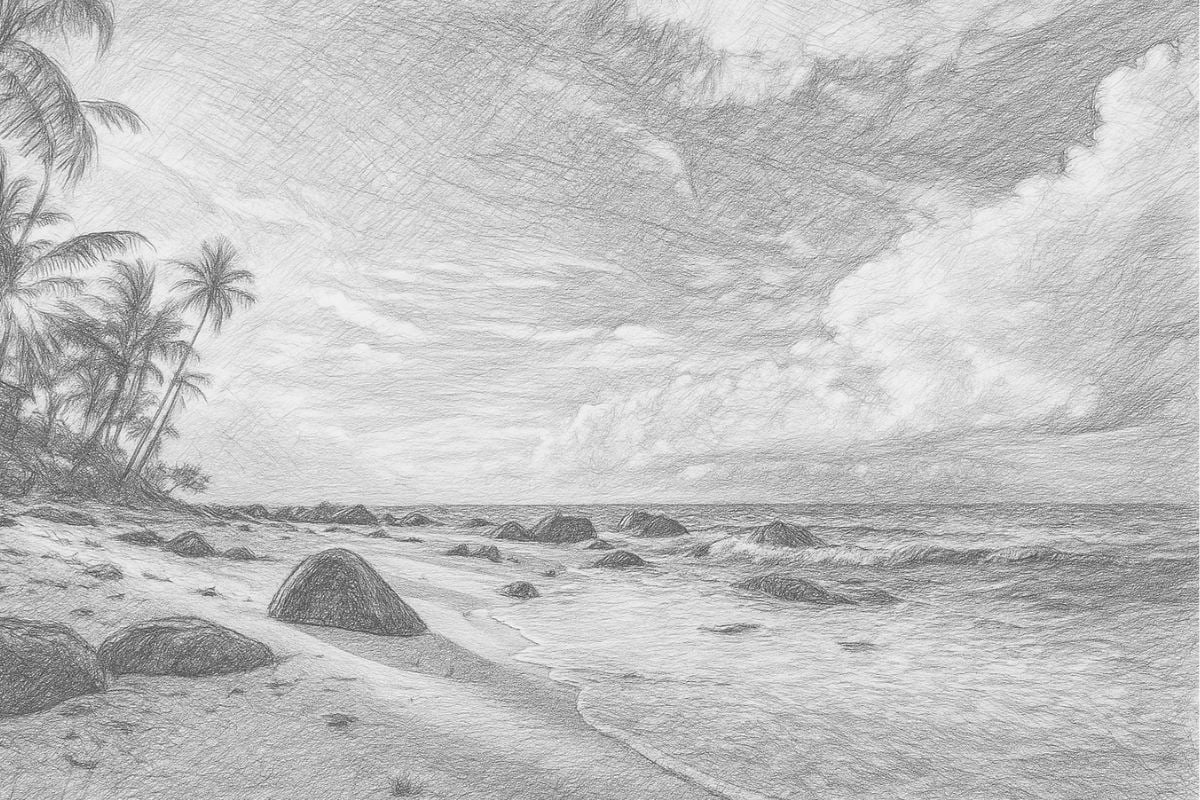 AI beach landscape sketch with palm trees and ocean waves