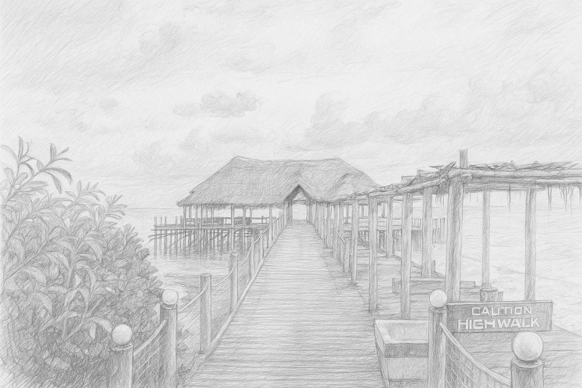 AI landscape sketch of wooden pier over water