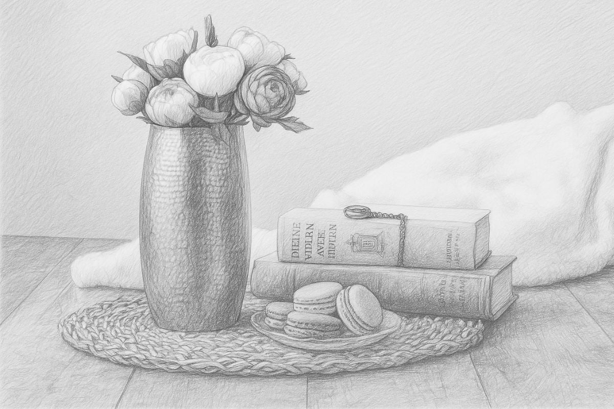 AI still life sketch of vase with flowers and books