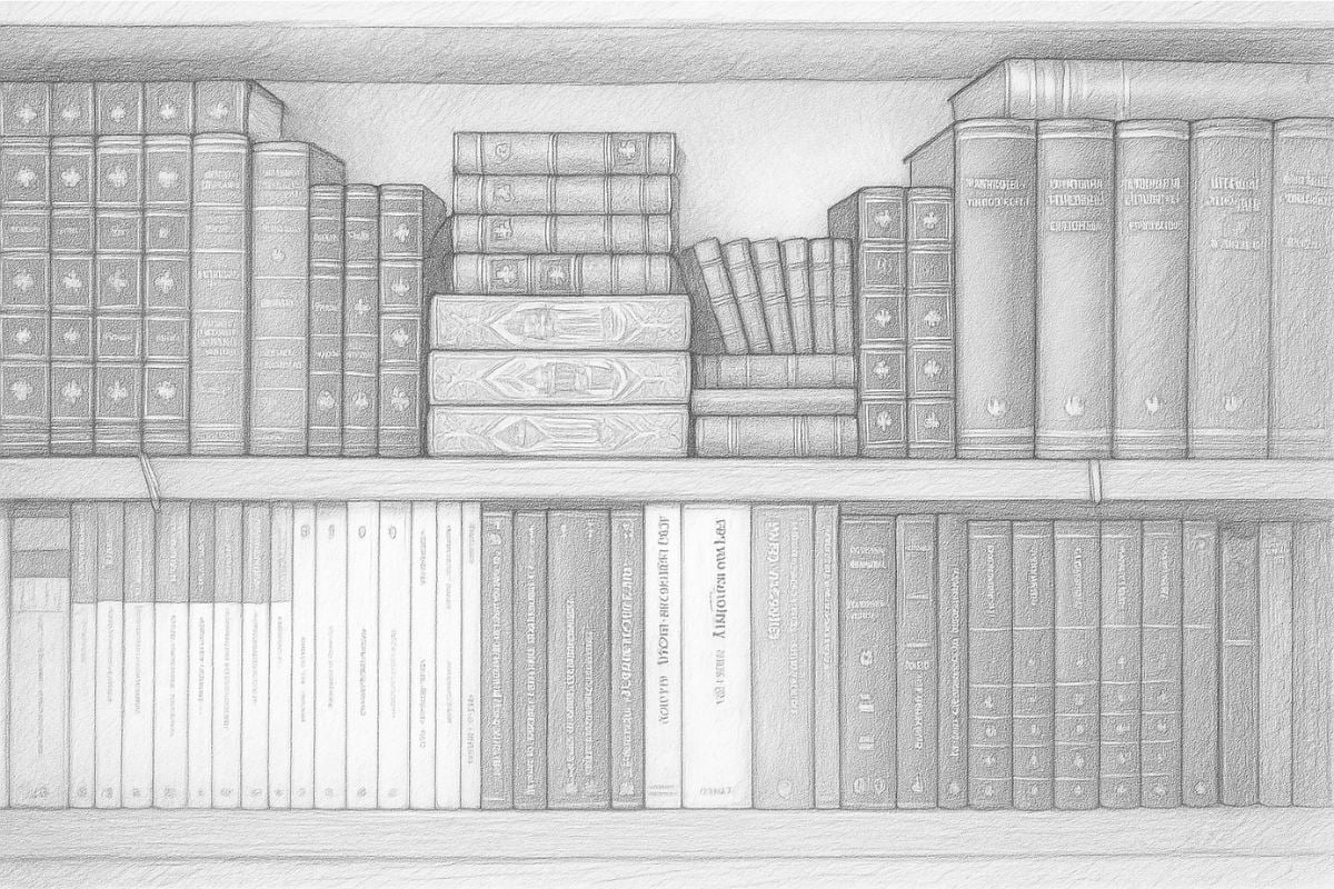 AI bookshelf sketch with stacked books