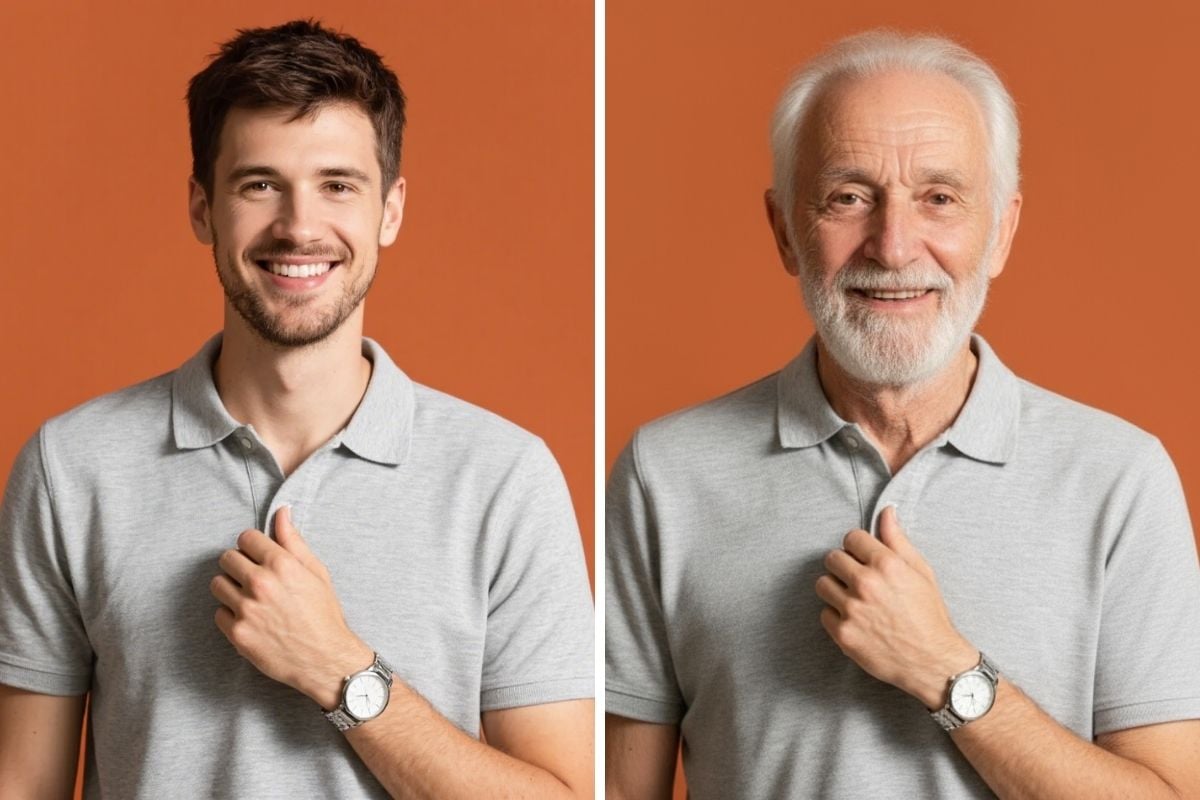 AI old age filter showing gender-specific aging.