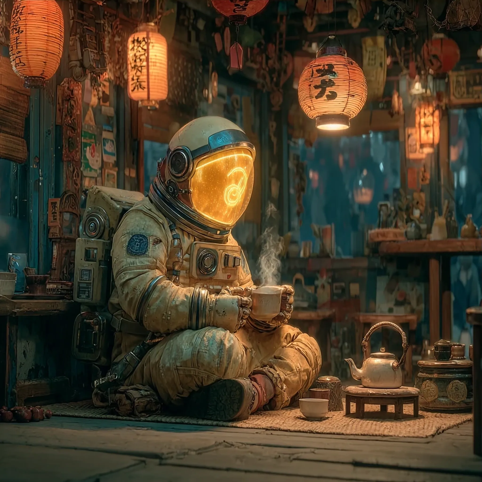 宇航员在日式茶屋喝茶的画面，灯光温暖、质感细腻