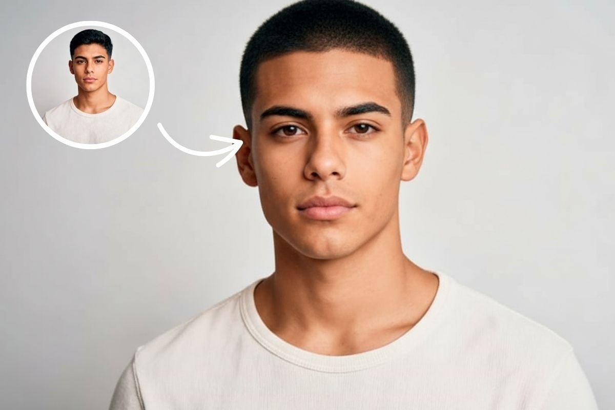 Realistic buzz cut preview on a man's face