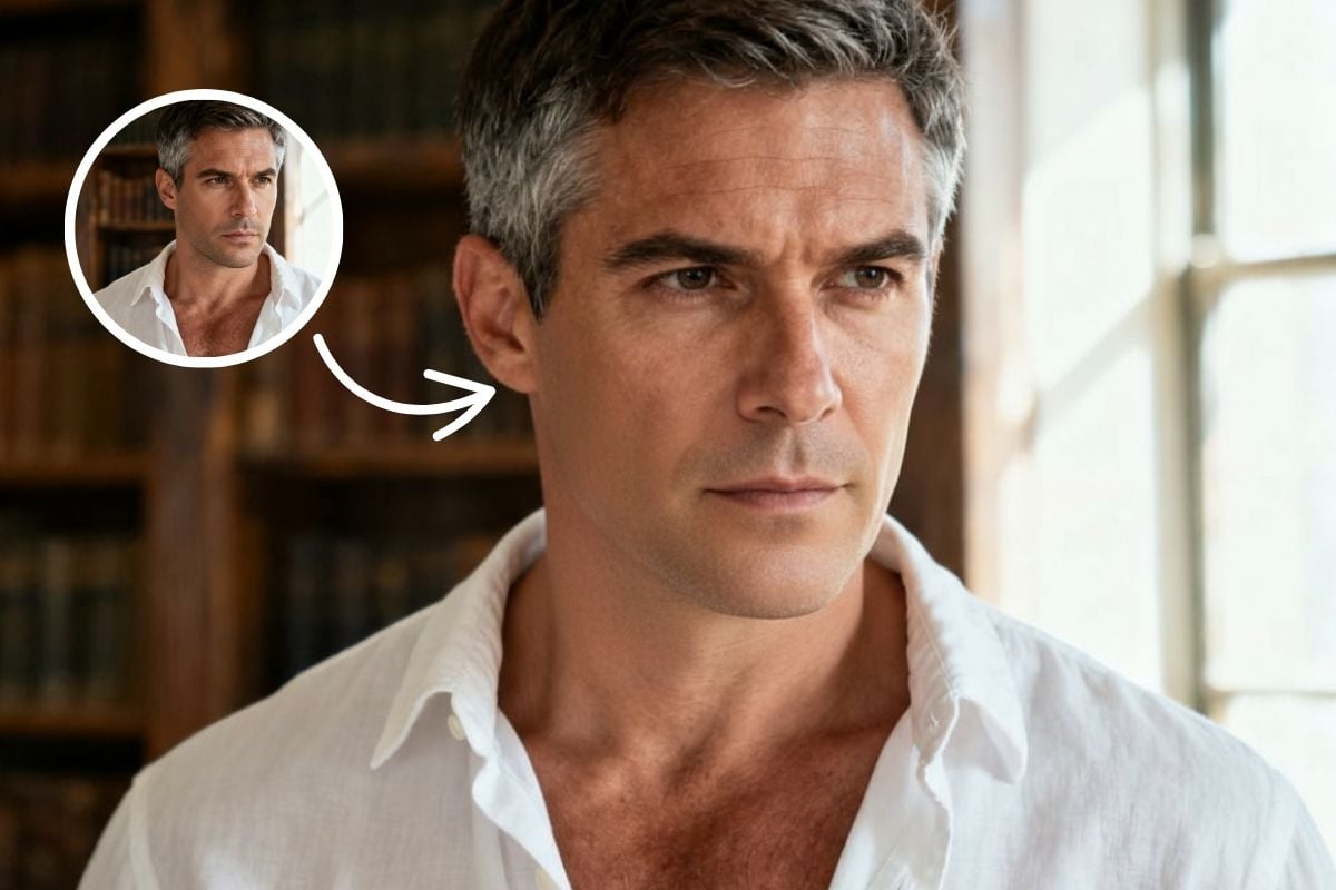 A before-and-after comparison of a face with and without a beard.
