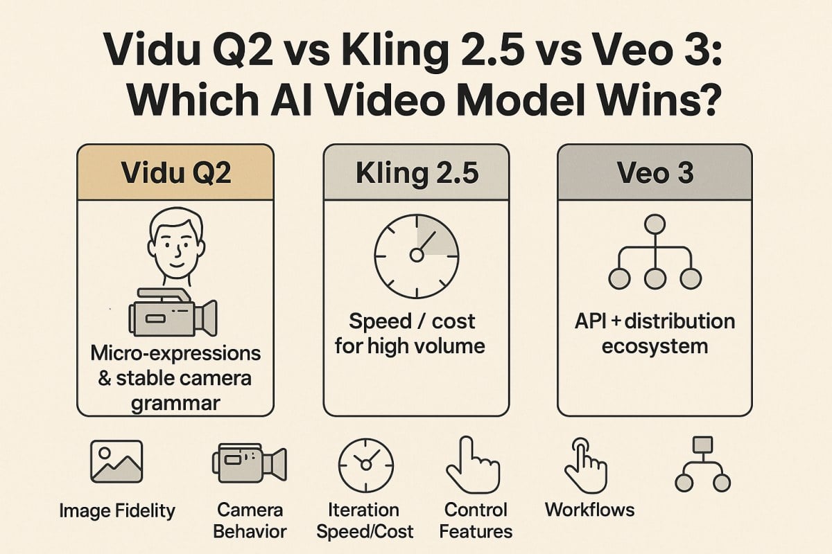 Cover Image for Vidu Q2 vs Kling 2.5 vs Veo 3：どのAI動画モデルが勝者か？