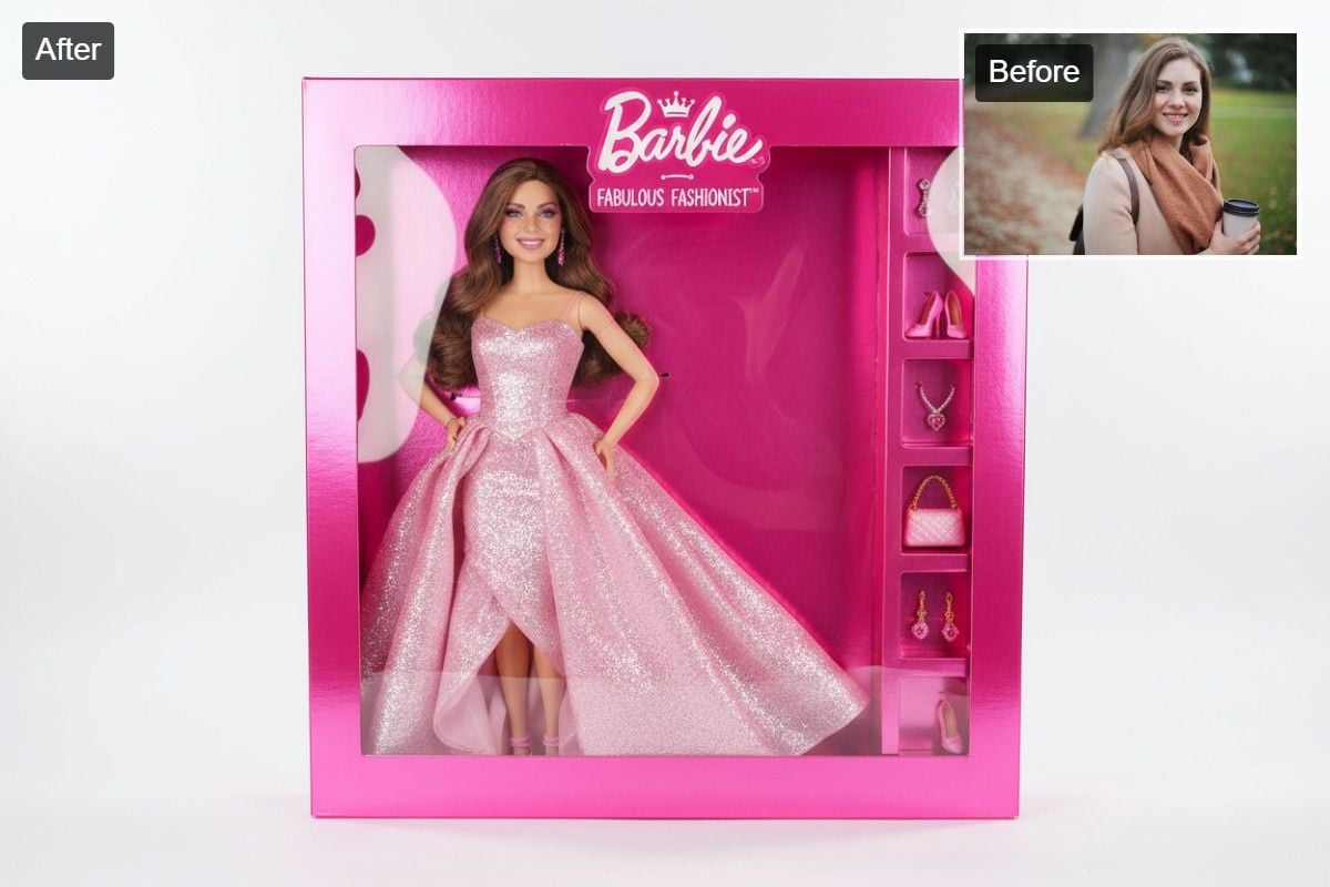A user's photo being transformed into a Barbie Box using the AI generator