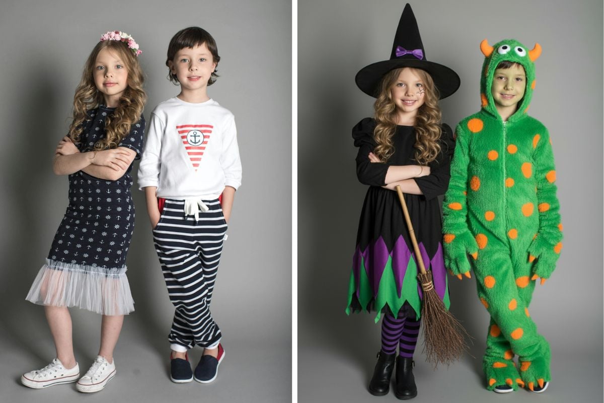 Photo de groupe et portrait unique portant des costumes d'Halloween générés à partir d'une image.