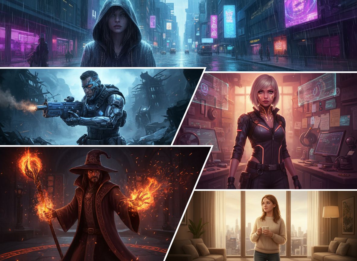 Humanos generados por IA en estilos cyberpunk, anime y realista