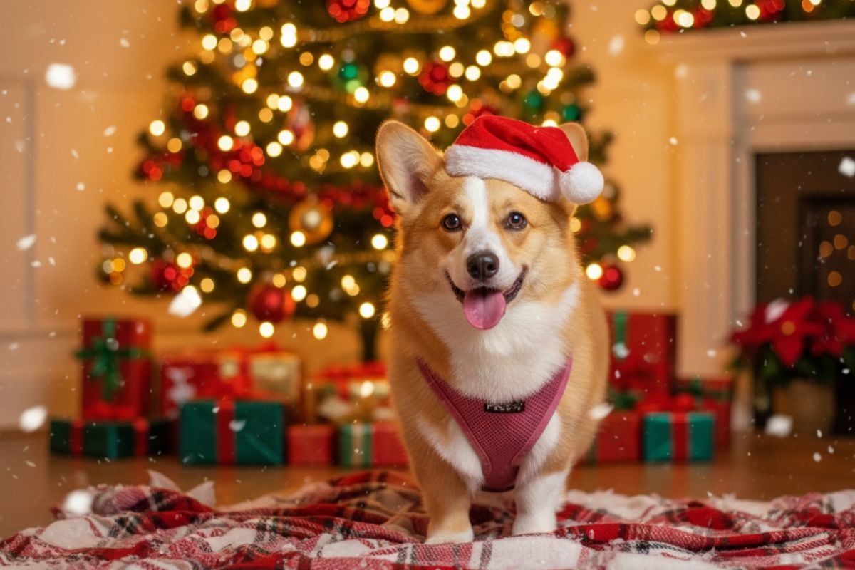 A cute dog wearing a Santa hat sitting among Christmas gifts and lights