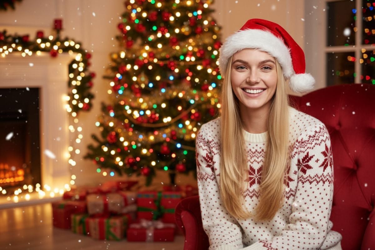 A woman wearing a red Santa hat smiling warmly under Christmas lights
