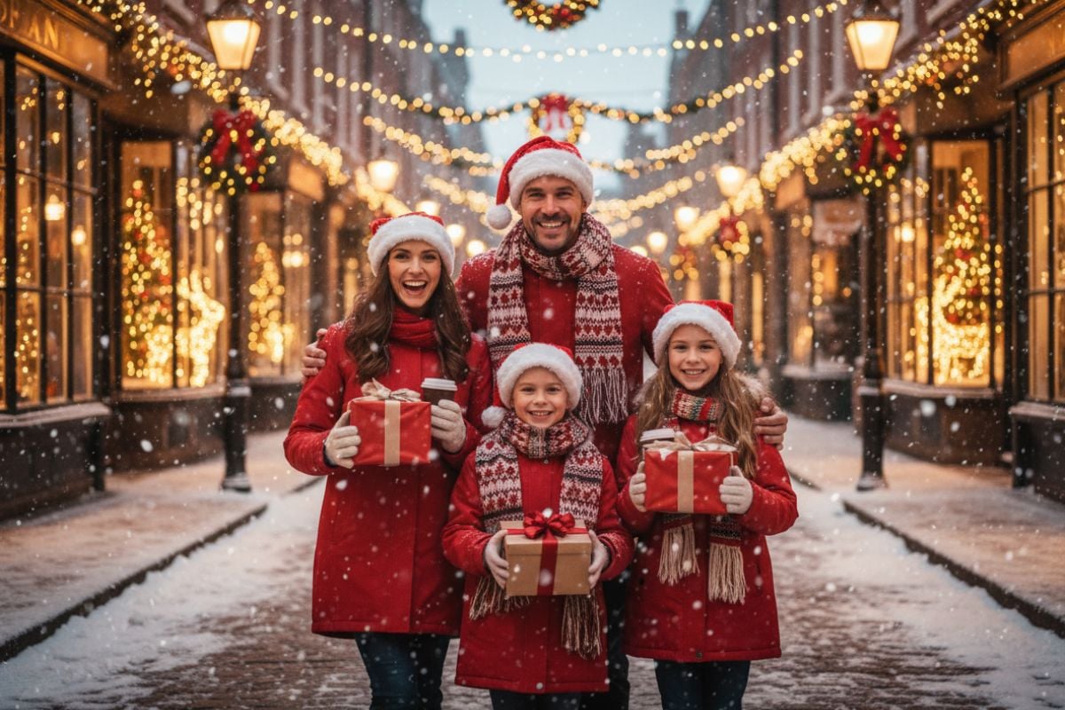 A happy family in matching Christmas sweaters posing beside a decorated tree