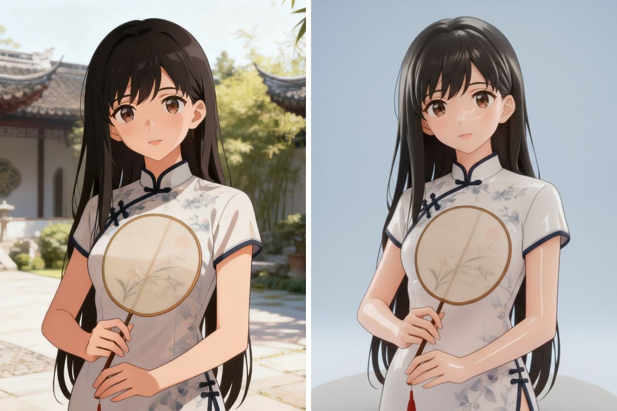 Arte de anime, pinturas em aquarela, esboços e retratos reais convertidos em visuais no estilo 3D, ricos em profundidade.