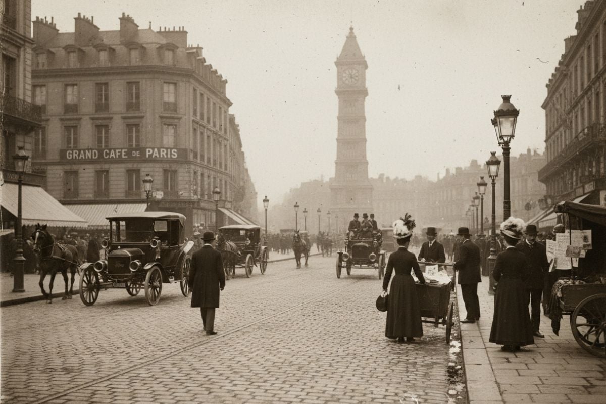 Foto de rua antiga com granulação de filme e contraste suave
