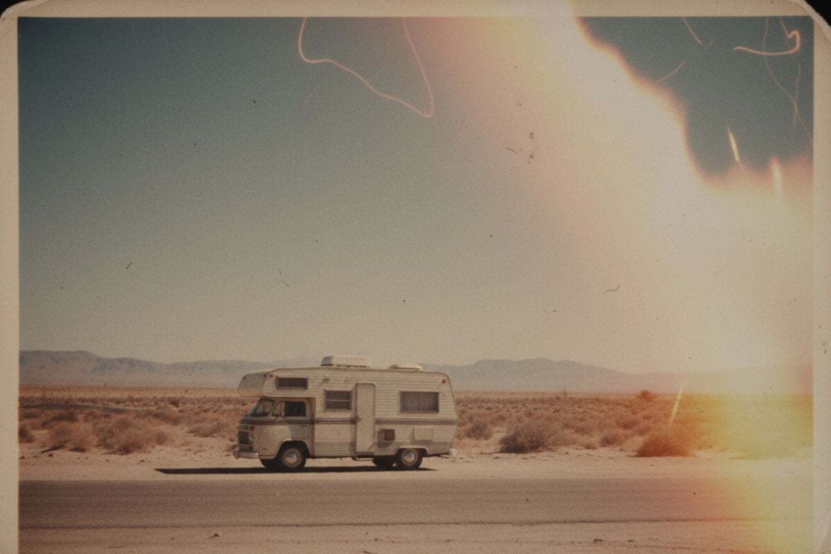 Foto de viagem desbotada com cores de filme retrô e vazamentos de luz
