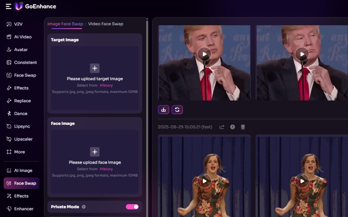 GoEnhance AI上的面部替换