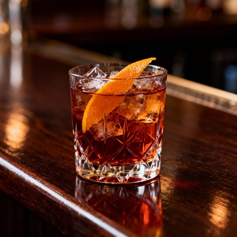 AI generated cocktails featuring a Negroni-style drink in a rocks glass with orange peel
