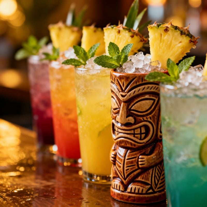 Colorful row of tiki cocktails with pineapple, mint, and crushed ice