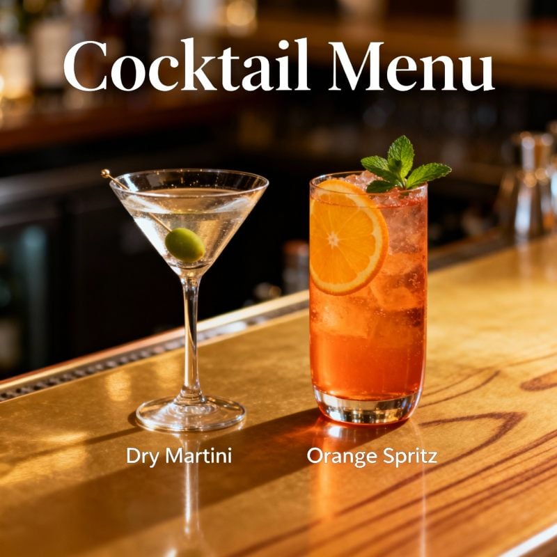 Clean bar top with a dry martini and an orange spritz styled for a cocktail menu