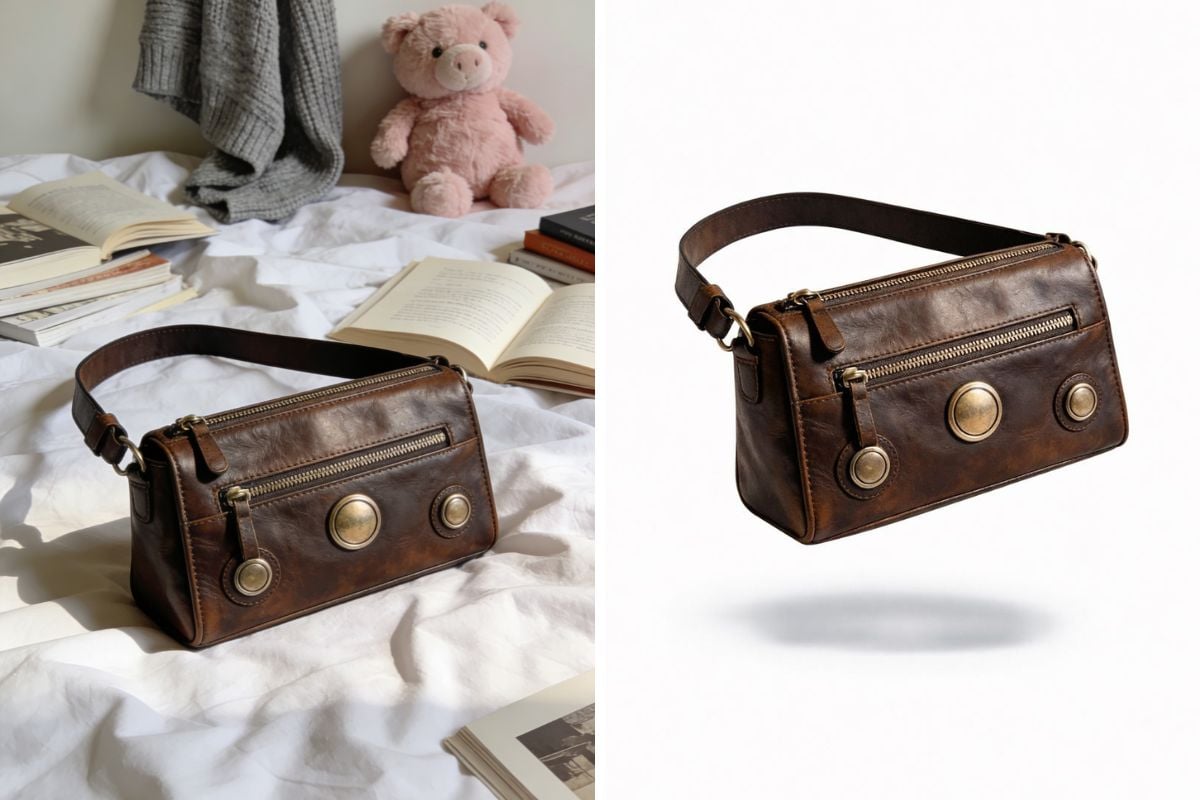 Before and after view of making a product photo with a clean white background