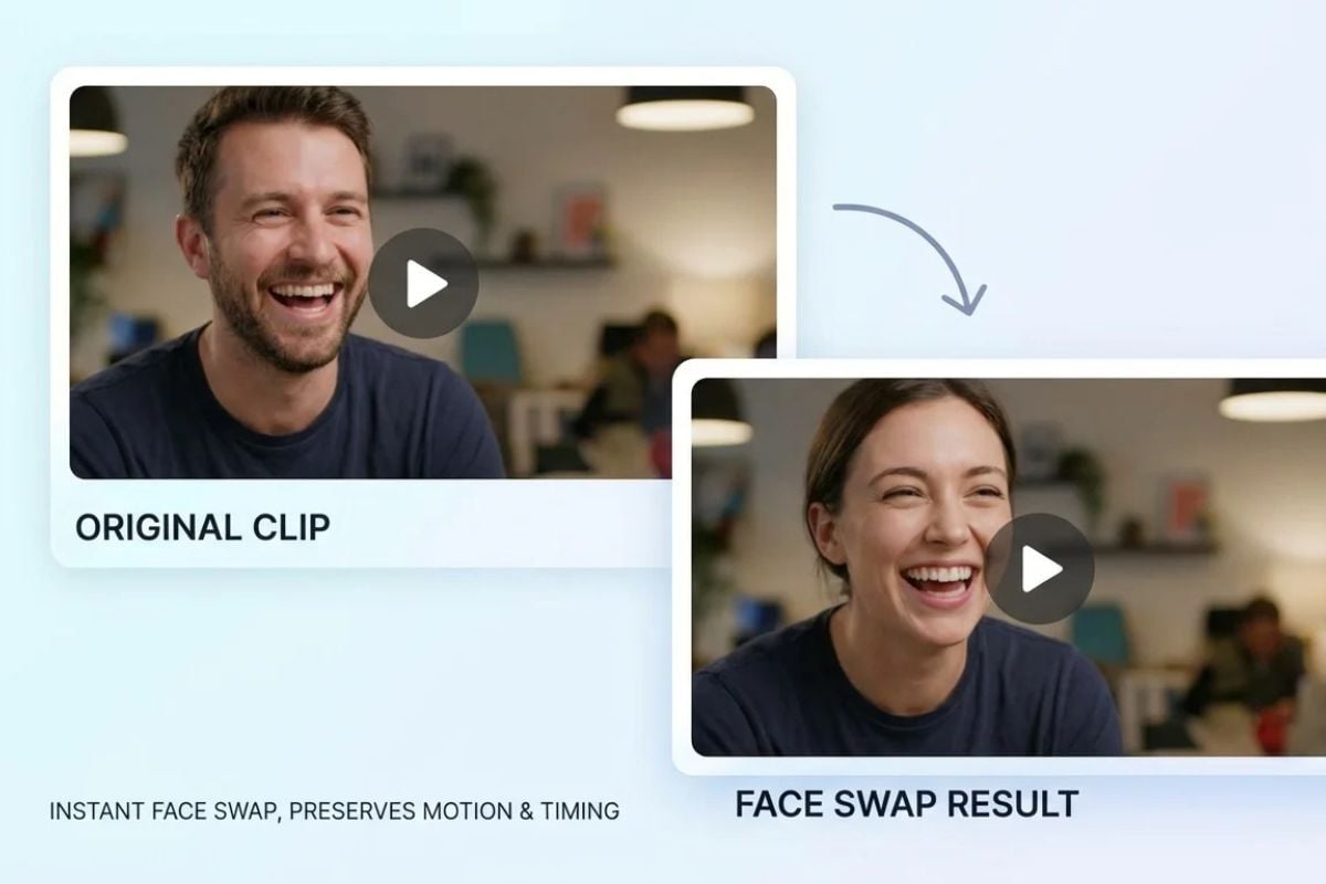 顔・頭部スワップのプレビュー — どんなクリップにも数秒で自分の顔を合成