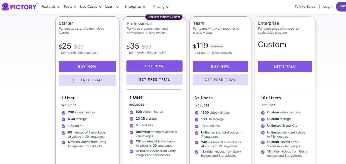 Pictory pricing plans