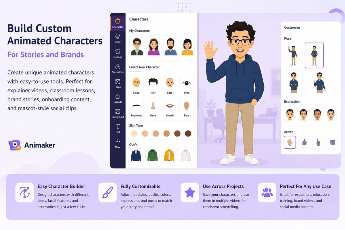 Animaker custom animated character builder for brand stories and explainer videos