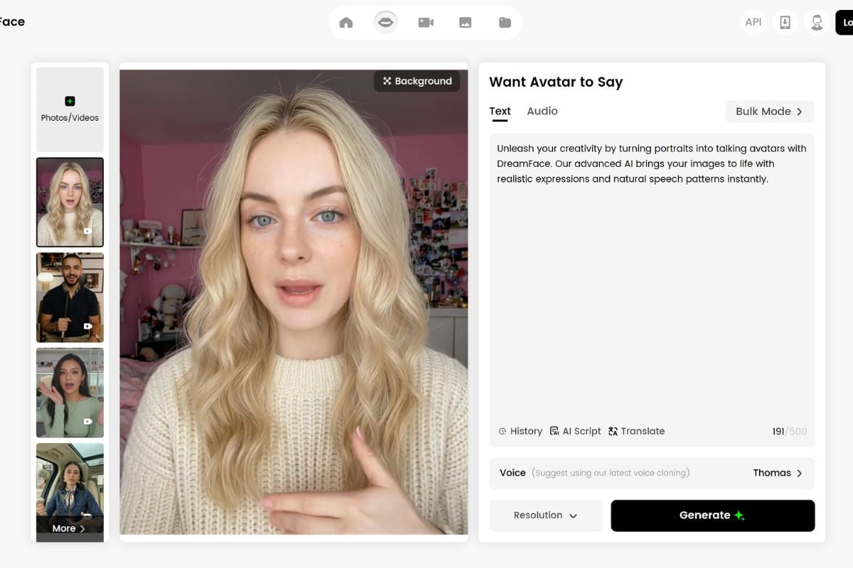 Dreamface AI video generator for avatar and talking photo workflows