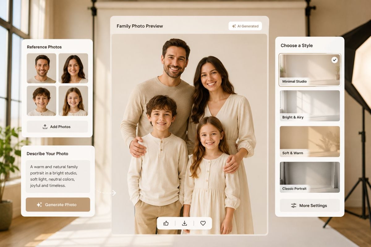 Visual principal do gerador de fotos de família com IA para fotos de família geradas por IA