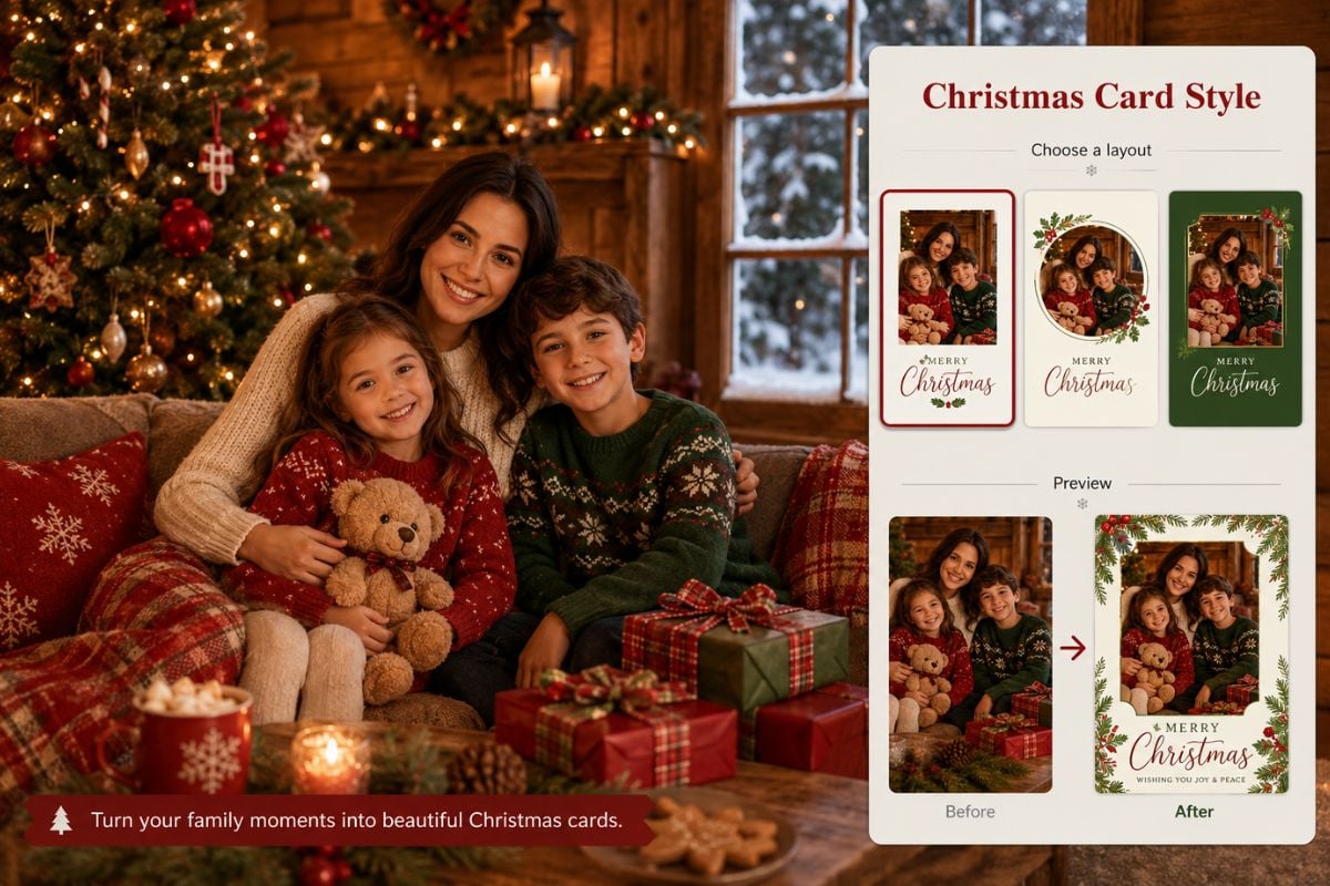 Exemplo de Conceitos de Fotos de Natal para o gerador de fotos de família com IA