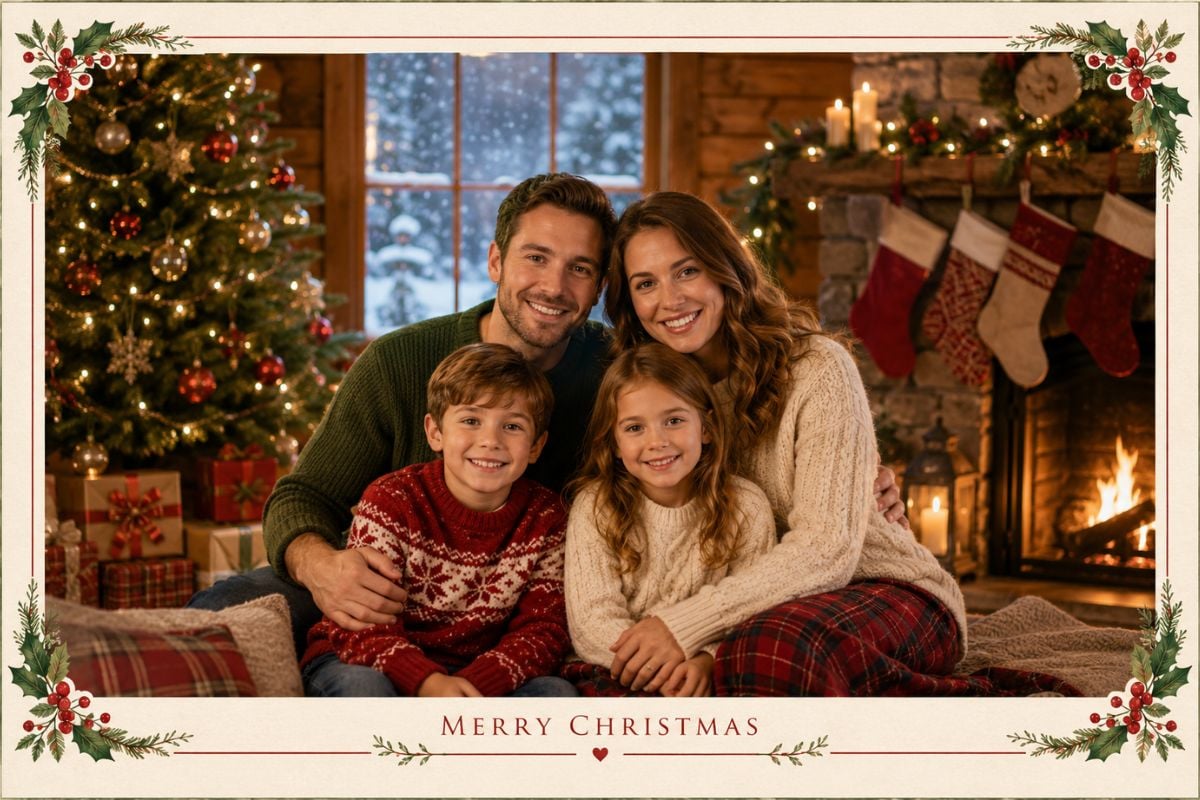 Imagem estilo cartão de Natal em família com iluminação aconchegante
