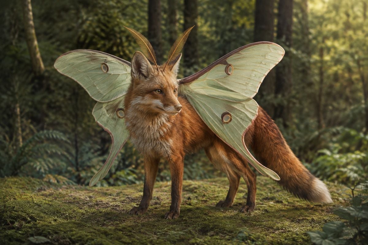 Concept di habitat in evidenza con Genitore A capibara e Genitore B colibrì che portano a un originale ibrido amichevole con corpo da capibara e quattro zampe, piume della gola iridescenti e una piccola coppia di ali simmetriche, in piedi vicino a una zona umida calma, nessuna posa di volo.