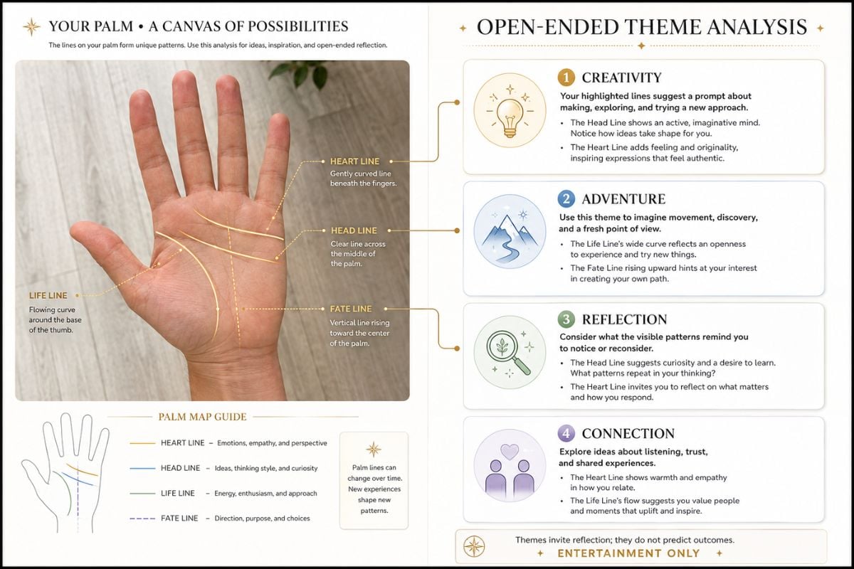 Hero-Workflow: Vollständiges Handfoto zu symbolischem Handlese-Bild. Eine deutlich erwachsene Hand mit der Handfläche nach oben auf tiefdunkelblauem Stoff, natürliche Fünf-Finger-Anatomie. Dekorative goldene Pfade und kleine abstrakte Stern- und Blatt-Icons erscheinen auf einem klaren Handlese-Bild mit den exakten Themenkarten KREATIVITÄT, ABENTEUER, REFLEXION und der prominenten Aufschrift NUR ZUR UNTERHALTUNG. Keine Vorhersagen zu Gesundheit, Geld, Lebensdauer, Beziehung, Recht oder Persönlichkeit; kein biometrischer Scan, Logo, Wasserzeichen oder Kauderwelsch.