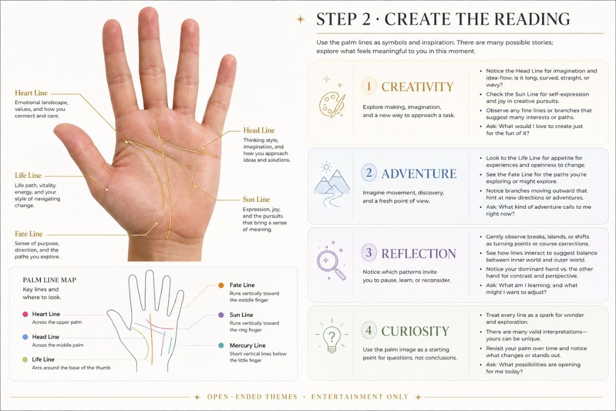Präsentieren Sie eine symbolische Handlinienkarte auf einer anatomisch natürlichen erwachsenen Hand, drei dekorative goldene Pfade, die in abstrakten Stern-, Blatt- und Kompass-Icons enden. Exakte Beschriftungen KREATIVITÄT, REFLEXION, NEUGIERDE und NUR ZUR UNTERHALTUNG. Keine anatomische Diagnose oder Vorhersage.