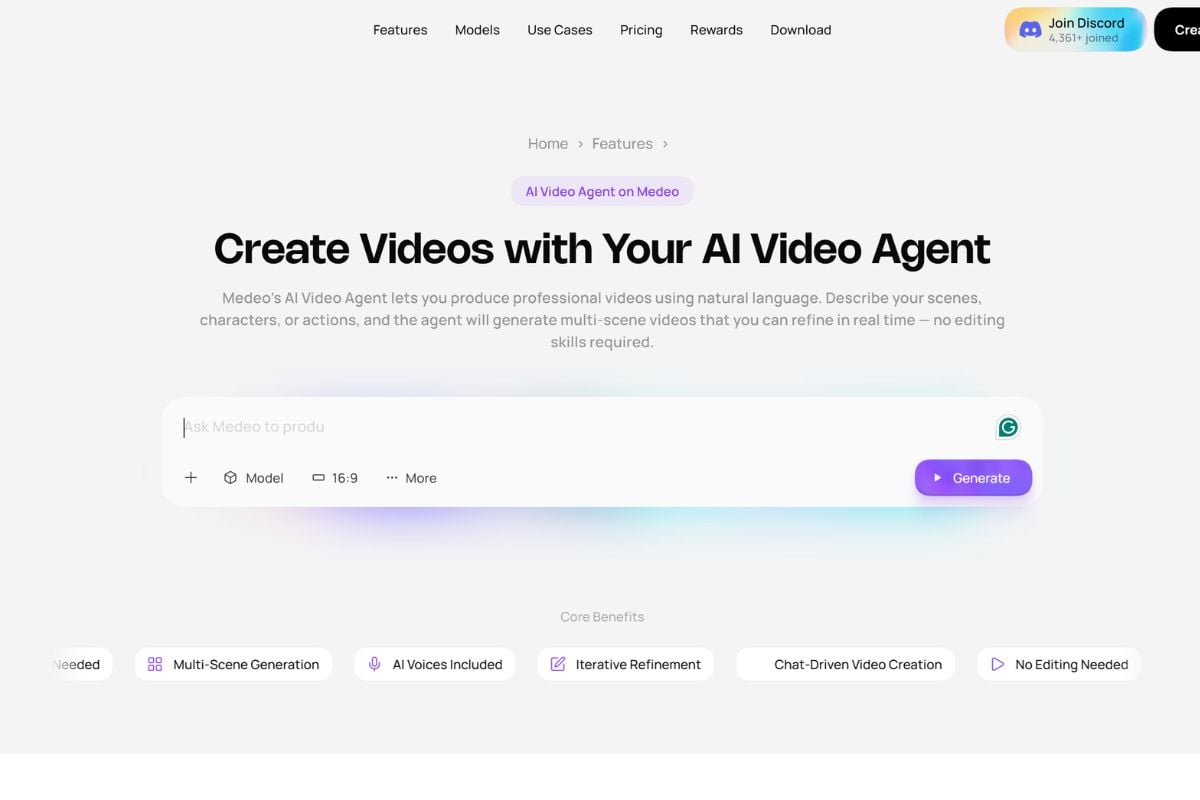 Medeo AI Video Agent interface creating and refining a multi-scene video through chat