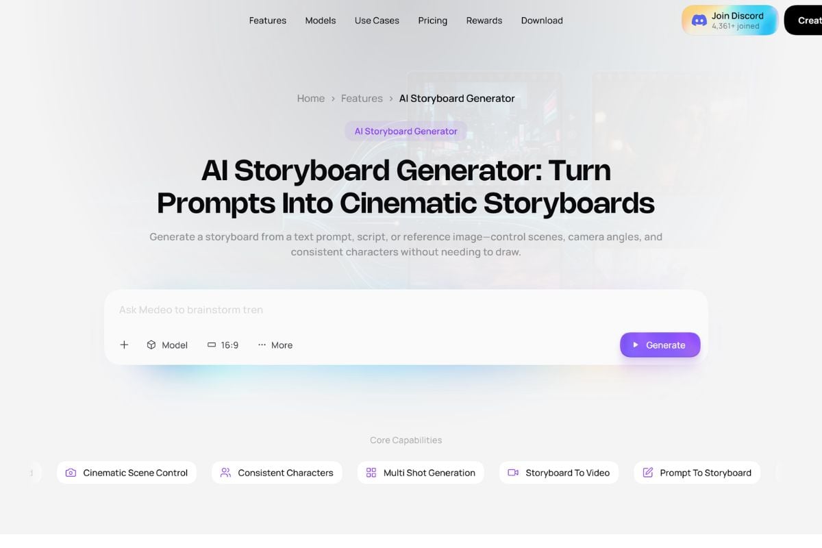 Medeo AI storyboard showing consistent characters, multiple scenes, and cinematic camera planning