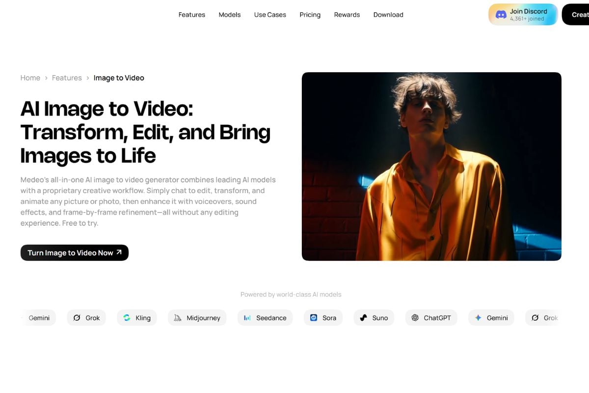 Medeo workflow turning images, scripts, webpages, and reference assets into AI videos