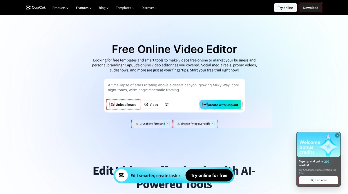 Strumenti di editing AI di CapCut che mostrano sottotitoli automatici, rimozione dello sfondo, stabilizzazione e creazione video assistita da AI