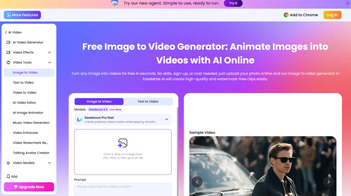 EaseMate AI image to video generator with start frame, end frame, prompt, model, aspect ratio, quality, and duration controls