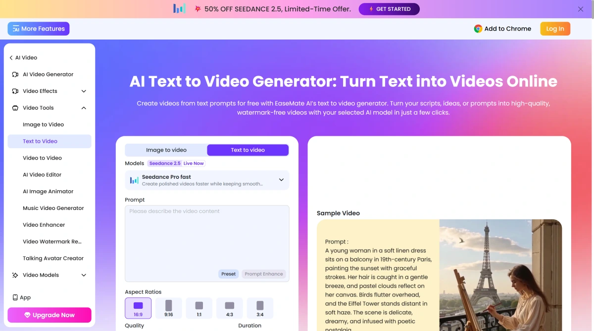 EaseMate AI dashboard combining AI chat, document tools, image generation, and video creation