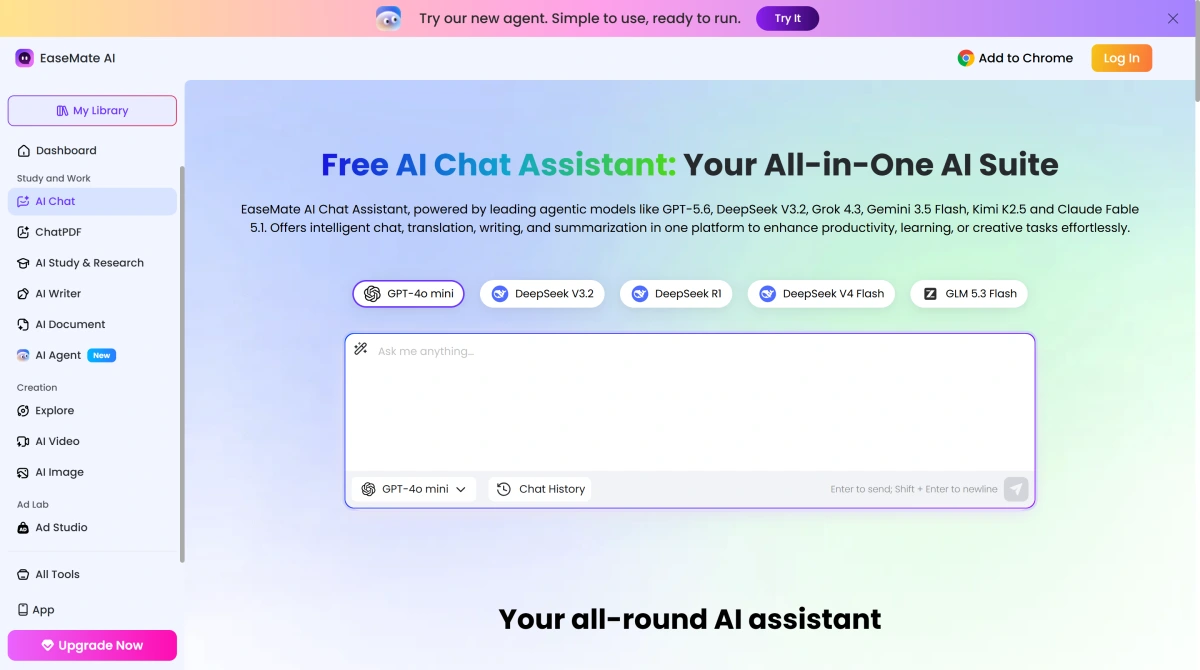 EaseMate AI Chat Assistant showing AI Chat, AI Summary, AI Writing, AI Translation, AI Search, and document tools