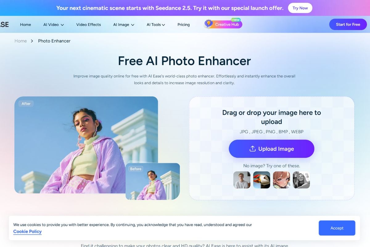 이미지 화질을 개선하고 원본 테두리 너머로 사진을 확장하는 AI Ease 사진 개선기 및 이미지 확장기